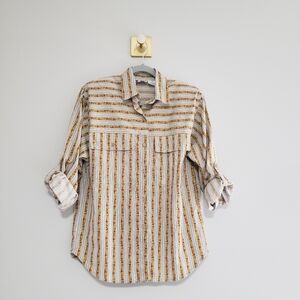 Vintage Floral Striped Button-Up Shirt Women Small Tan Yellow Cottagecore Farm